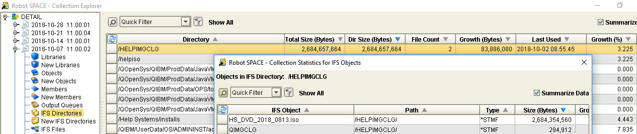Disk storage collection explorer in Robot Space