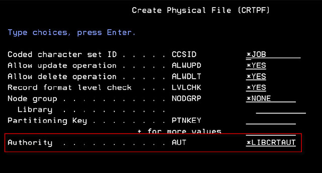 Figure 1: Public authority example as seen on the Create Physical File (CRTPF) command