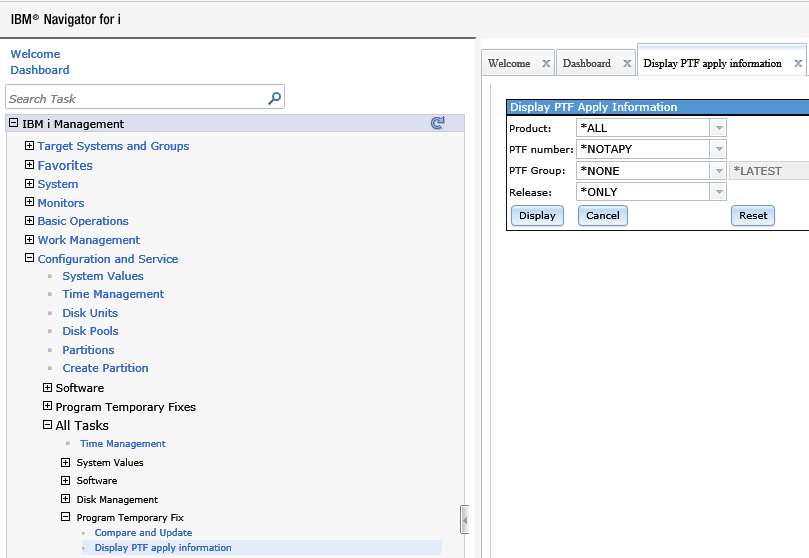 IBM Navigator for i PTF Apply Information in IBM i 7.3