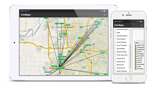 Mobile devices displaying live network, server, and application monitoring within the Intermapper tool