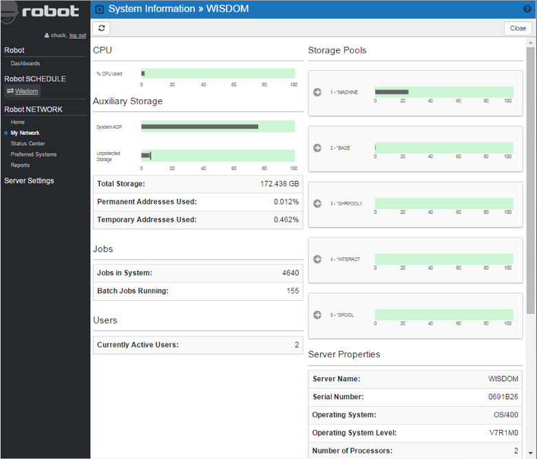 IBM i system information in Robot NETWORK web interface