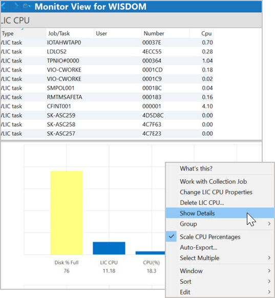 Show Details for CPU in Robot Monitor software for IBM i