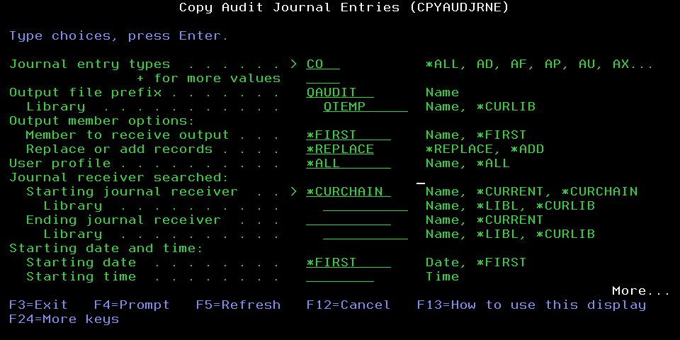 Obtain IBM i audit journal entries using the CPYAUDJRNE command